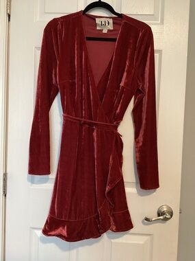 Velvet Wrap Long-Sleeve Dress in Wine Red